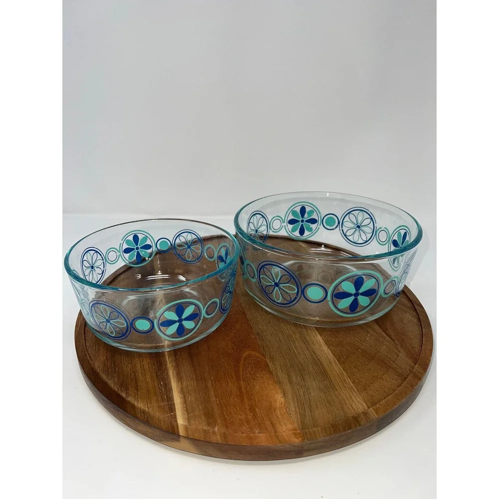 Pyrex Blue Mod Flowers Glass Bowls Set of 2 Vintage Retro MCM Teal Cobalt